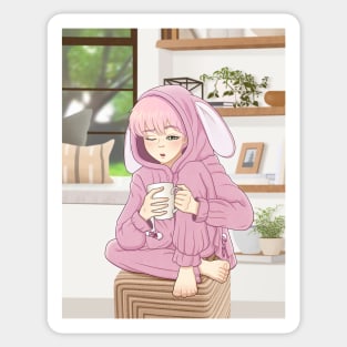 Cozy morning in a pink bunny pajamas Sticker